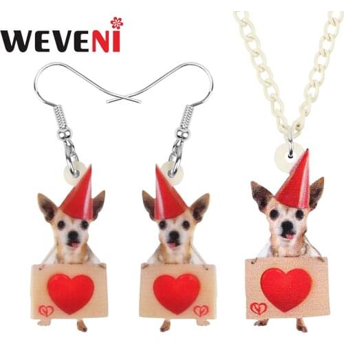 WEVENI Acrylic Christmas Hat Chihuahua Dog Heart Board Jewelry Sets Necklace Earrings Animal Jewelry For Women Girls Teens Gift