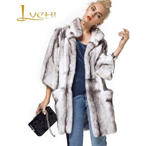 LVCHI Winter 2019 Copenhagen Imports Cross Fur Mink Coat Womens Mandarin Collar Batwing Sleeve Three Quarter Cross Mink Coats