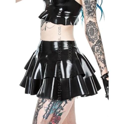 Womens ultra short black latex pleated skirt made of 0.4mm thickness natural latex materials
