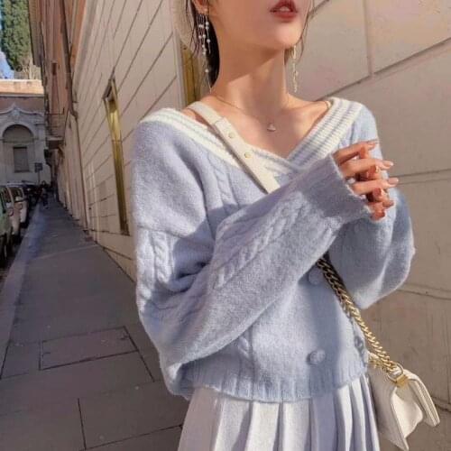 Sweater women 2019 new college style loose outer wear flower bud sleeves V-neck pullover striped women