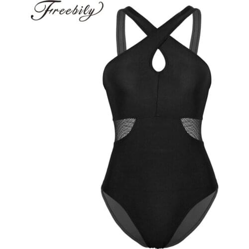 Women Adults Sleeveless Front Cross Neck Fishnet Splice Waist High Cut Tracksuit Ballet Bodysuit Gymnastics Leotard Dancewear