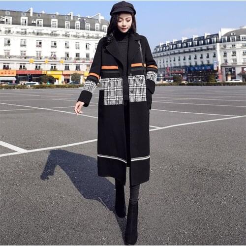 Autumn Winter Wool Coat Women Plaid Woolen Blends Office Work Single breasted Long Coats Casual Lady Jacket Plus size Outerwear