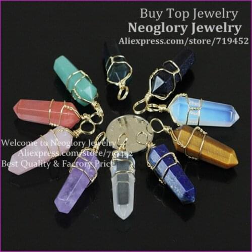 10pcs Mix Natural Gems Stone Point Pendant metal Wire Wrapped Opal/Pink Quartz/Blue Sand/CRYSTAL Druzy Stone Pendant