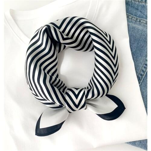 100% Silk Scarf for Women Small Striped Neck Band Bag Tie White Black Hair Scarves Natural Lady Foulard Bandana Kerchief 2021