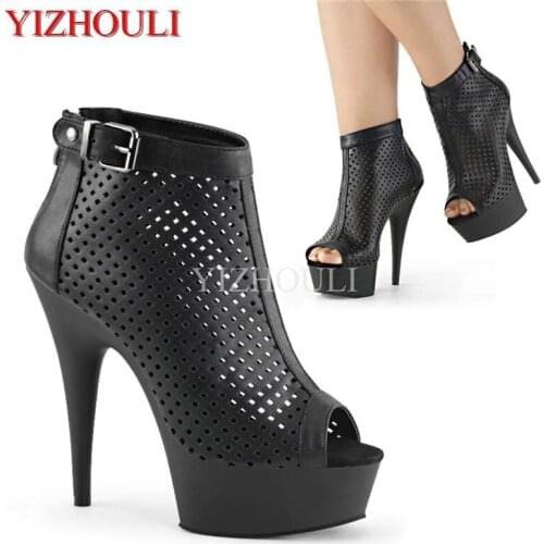 Model stage 15 cm ankle - length boots, mesh hole belt buckle womens stilettos, zipper ankle boots