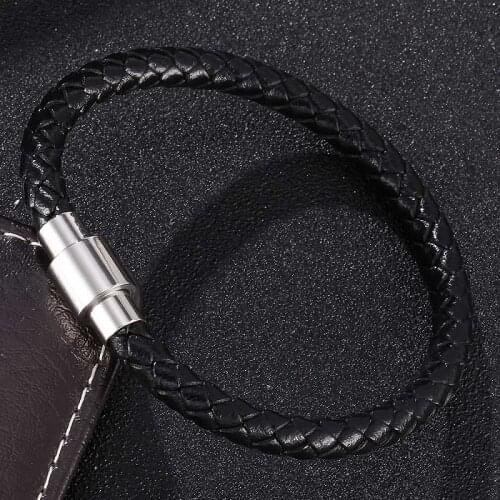 2020 Simple Silver Color Stainless Steel Magnetic Buckle Braided Leather Bracelets Male Wrist Band Unisex Jewelry Drop Shipping