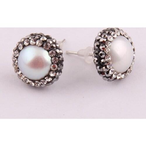 Free shipping shiny freshwater pearl with white black crystal pave women lady earring