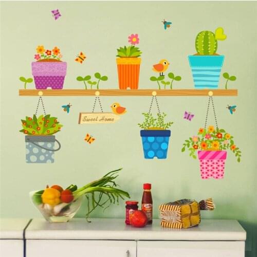 DIY Wall Stickers Home Decor Potted Flower Pot Window Glass Wall Decals Removable Bonsai Birds Butterfly Mural Poster Decor