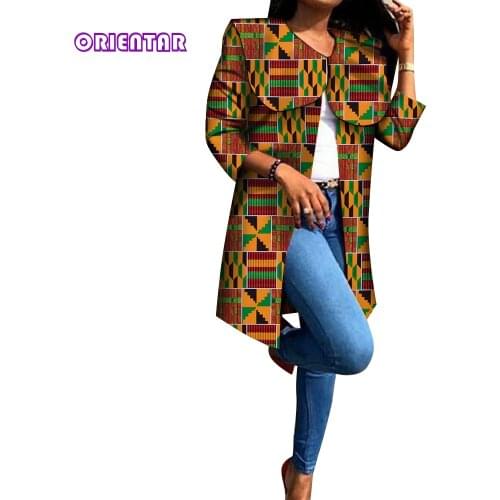 African Print Long Coat Women Overcoat Female Autumn Outwear Vintage Long Sleeve Coat Women African Clothing Trench Coats WY916