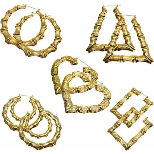 Statement Gold Sliver Color Metal Bamboo Hoop Earrings For Women Geometric Big Round Circle Bamboo Earings Party Punk Jewelry