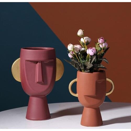 Ceramic Abstract Face Vase Home Decoration Ornament Head Flower Vase with Golden Ear Handle Table Art Statue