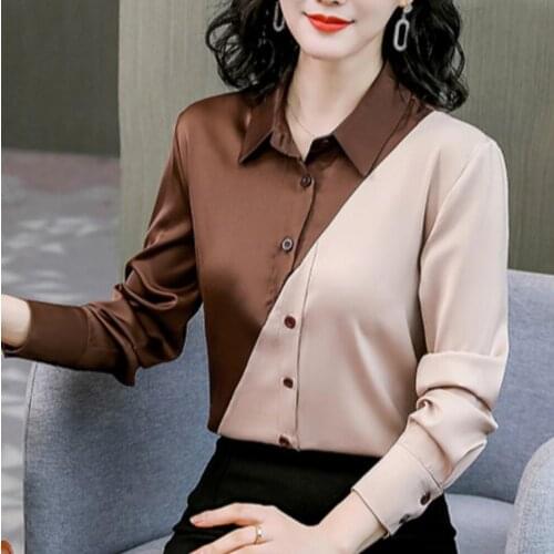 Fashion Patchwork Satin Silk Shirt Vintage Blouse Women OL Temperament Office Tops Lady Long Sleeves Female Loose Street Shirts
