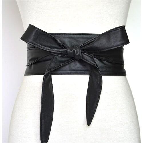New Fashion Lace Up Wide Corset Belt Pu Leather Cummerbunds Strap Belts for Women Girls High Waist Slimming Belt Bow Tie Girdle