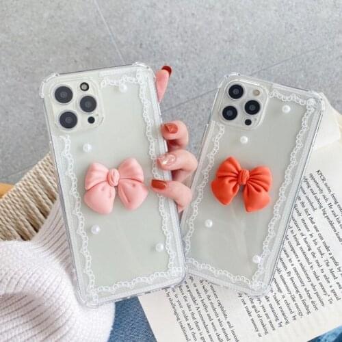 3D Bow Lace Pearl Transparent Soft Phone Case For iphone 12 Pro Max mini 11 Pro 6 6S 7 8 Plus X XR XS SE For Samsung S21 Cover