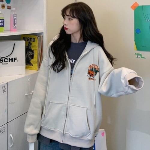 Hoodies Women Thickening Velvet Harajuku Zipper Print Loose Drawstrings Streetwear Boyfriend Daily Womens Students Korean Style