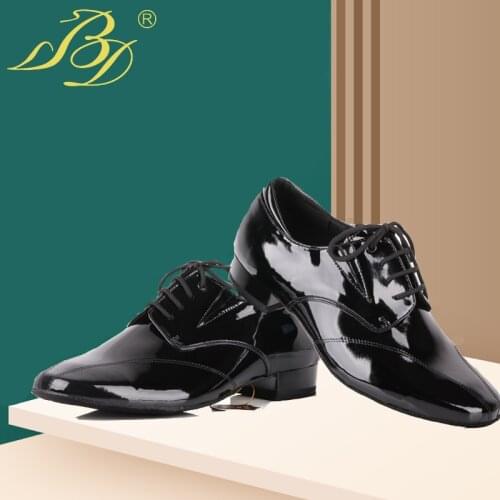 BD dance shoes for men 321 ballroom salsa dance shoes black genuine leather flat square heel soft straight sole free shipping