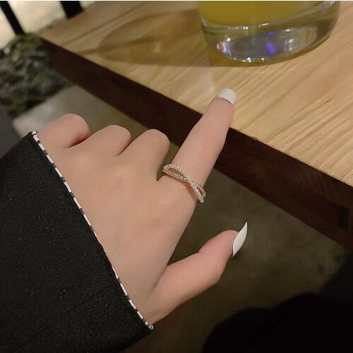 Pearl Rhinestone Cross Opening Ring Korea Light Luxury Fashion Design Elegant All-match Index Finger Female Ring