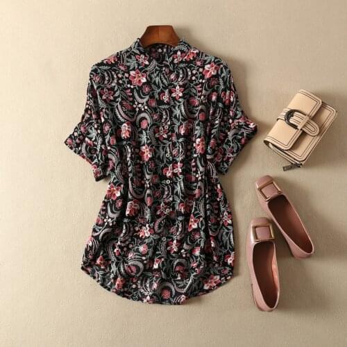 ElfStyle Silk & Cotton Floral Print Short Sleeve Lapel Blouse Shirt - 2020ss Women Fashion Casual Shirt Top