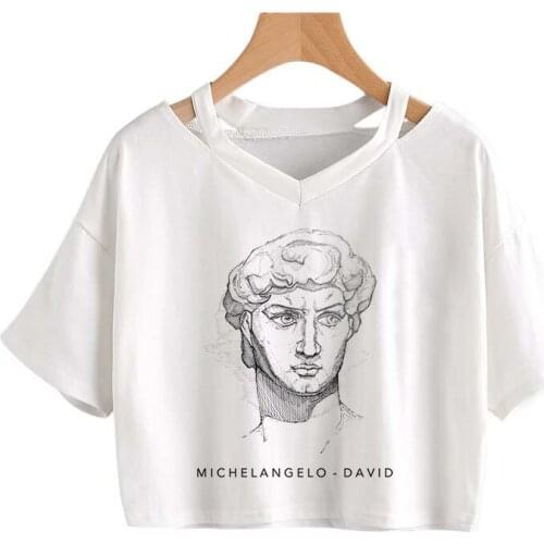 Summer Sexy Crop tops Harajuku Punk Women T-shirt Vintage Aesthetic Drawing David Printed Short Sleeve V-neck Loose Gothic Tee