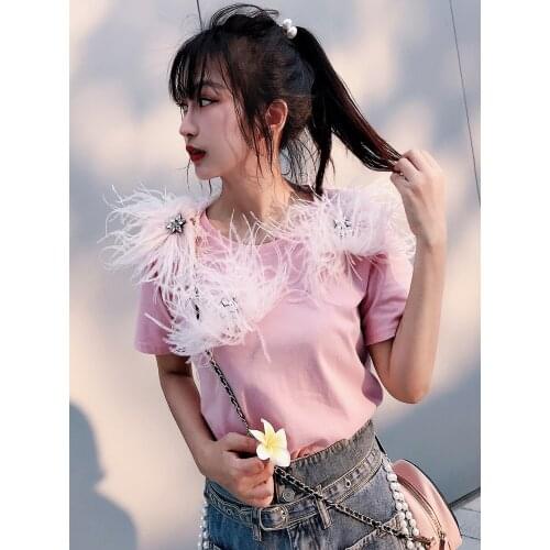 Summer New European Heavy Industry Star Rhinestone Feather Flower Short-sleeved Cotton T-shirts Women Tops Fashion Streetwear