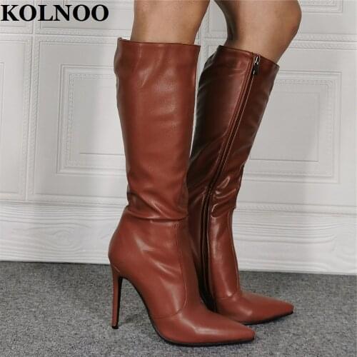 Kolnoo 2022 New Style Ladies High Heels Boots Real Pictures Pointy Brown Leather Midcalf Boots Sexy Evening Fashion Winter Shoes