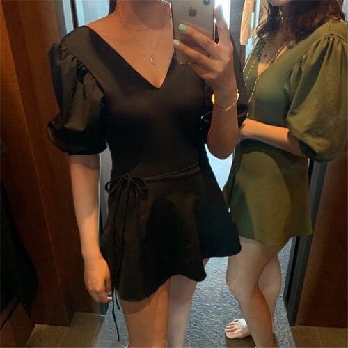 Skirt One Piece Swimsuit Women Solid Swimwear Short Sleeve Monokini Ruffle Swim Suit Korea Bathing Suit Push Up Pad Green Beach