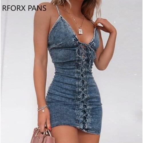 Women V-neck Spaghetti Eyelet Lace-up Denim Bodycon Dress Sexy Party Dress
