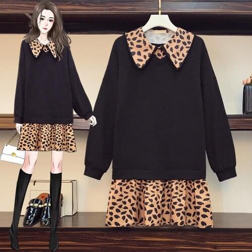 Leopard Stitch False Two Piece Long Sleeved Plus Large Size Oversize Korean Fashion Kawaii WomenS Elegant Dresses Autumn 2021
