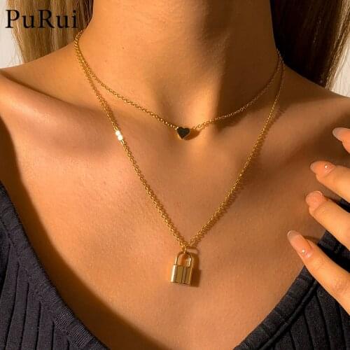 Bohemian Multi Layered Heart Lock Pendant Necklace Gold Color Thin Chain Chokers Short Necklace Simple Design 2021 Jewelry Gift