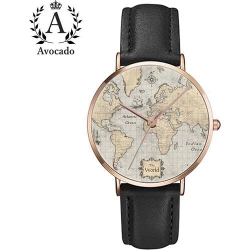 Retro World Map Watches Travel Hobby Timer Simple Quartz Movement Wristwatches Leather Watchband