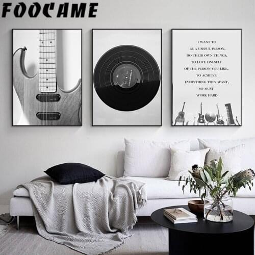Vintage Music Nordic Canvas Painting Home Decor Wall Art Retro Black White Guitar Vinyl Records Living Room Picture Minimalist