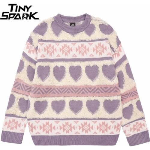 Hip Hop Streetwear Knitted Sweater Heart Striped Harajuku Sweater 2021 Men Autumn Cotton Casual Pullover Sweater Purple Blue
