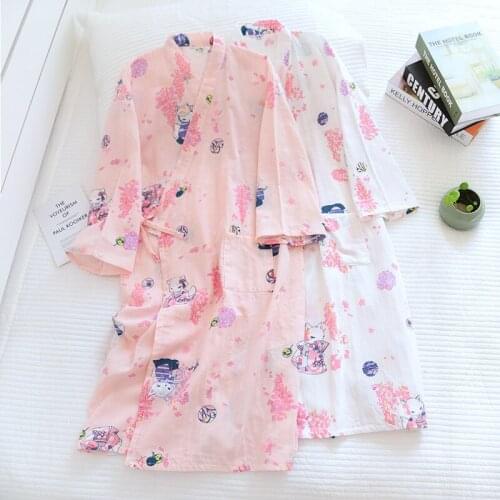 Summer Japanese Nightgown Ladies Pure Cotton Gauze Soft Thin Flower Kimono Robes Lanyard Spa Cotton Home Bathrobe for Women