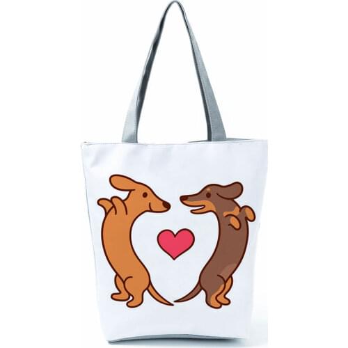 Love Sausage Dog Printed Handbag Cartoon Eco Reusable High Capacity Shopping Bag Lady Travel Tote Girl Women Gift Custom Pattern