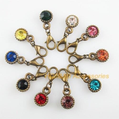 Fashion 10Pcs Antiqued Bronze Tone Flower Retro Mixed Round Crystal 8.5x13mm With Lobster Claw Clasps Charms