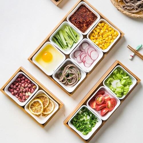 Ceramic Snack Plate Set Dessert Plate Dry Fruit Tray Snack Tray Fruit Plate Square Snack Bowls with Wooden Pallets