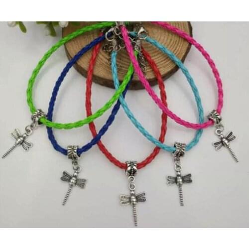 New 10pcs/lot Fast shipping Dragonfly Animals Charm Pendant Mixed Leather Cord Bracelet DIY Women Jewelry