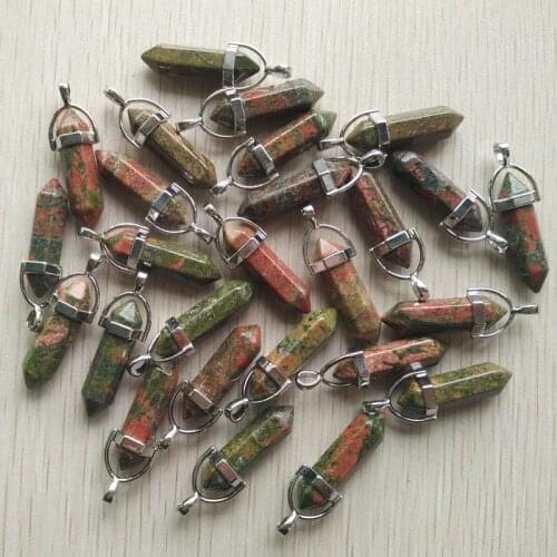 Wholesale 24pcs/lot natural flower green stone pillar shape point Chakra charms pendants for jewelry making free shipping