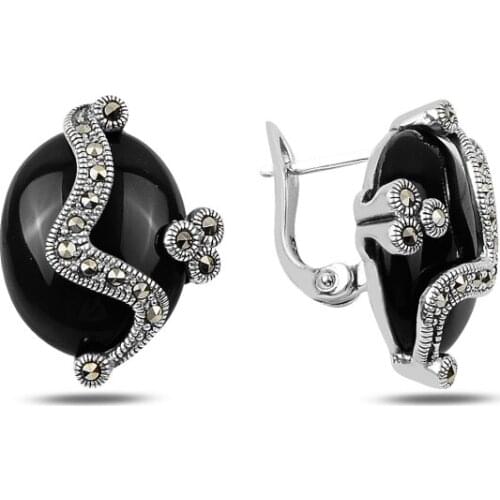 Silverlina Silver Marcasite & Onyx Stone Earrings