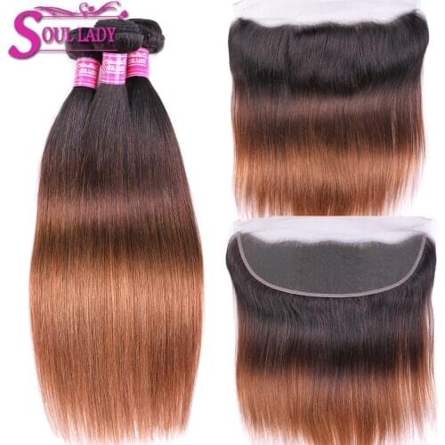 Soul Lady Ombre Bundles With Frontal Closure 1b/4/30 Three Tone Color Brazilian Straight Ombre Human Hair Bundles With Frontal