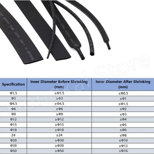Black Φ1.5mm-50mm Heat Shrinkable Tube 3:1 Shrink Without Glue Waterproof -55℃～125℃ Insulated Sleeving Tubing