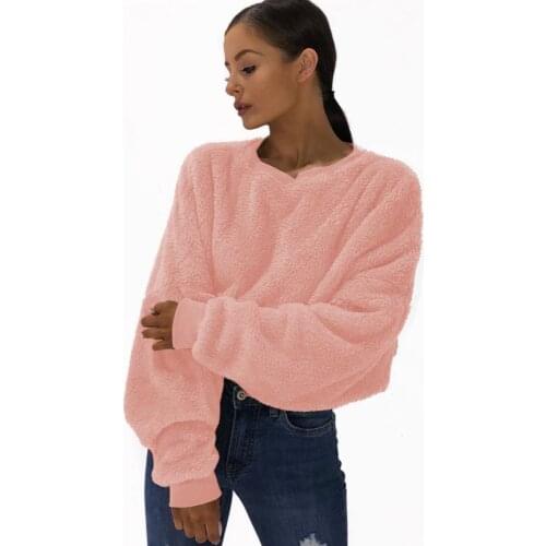 Sweatshirt womens cotton-padded jacket coat plush vests women Round neck loose long-sleeved short fur T-shirt sweater in stock