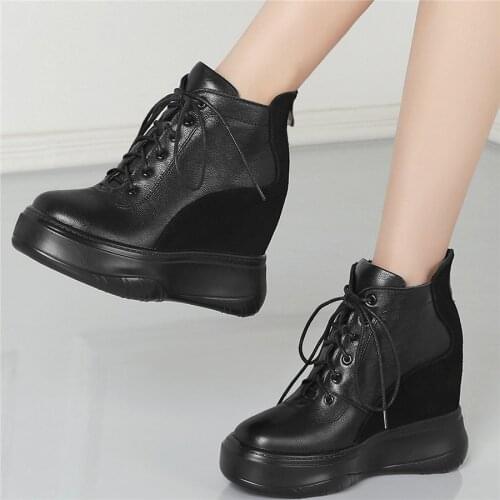 Platform Pumps Women Lace Up Cow Leather Wedges High Heel Ankle Boots Female High Top Round Toe Fashion Sneakers Casual Shoes