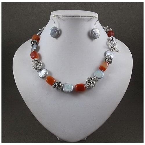 Unique Pearls jewellery Store,Gray Color Real Pearls Red Agates Tible Silver Necklace 925 Silver Dangle Earrings Jewelry Set