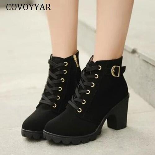 COVOYYAR 2021 Platform Women Boots Autumn Winter Thick Heeled Ankle Boots Lace Up Punk Shoes Woman Short Booties 4 Colors WBS040