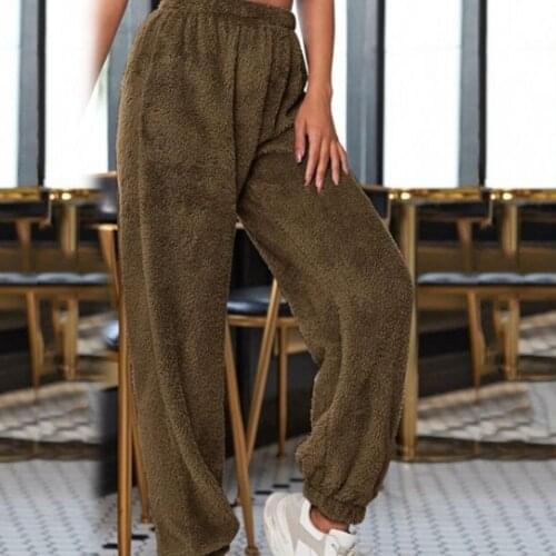 Women Pants Solid Color High Waist Warm Trousers Ankle Tied Fluffy Loose Home Pants Casual Womens Clothing Женские штаны 2021