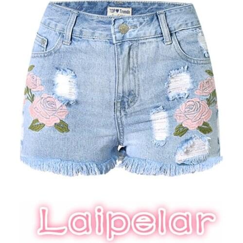 New Vintage Floral Embroidery denim shorts women sexy blue punk high waist jeans shorts Summer lady street elastic shorts