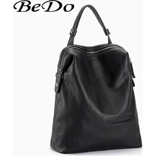 BeDo Big Size Real Leather Women Men Backpacks Black Red Simple Fashion Cow Leather Backpacks Women Men Fashion Bags