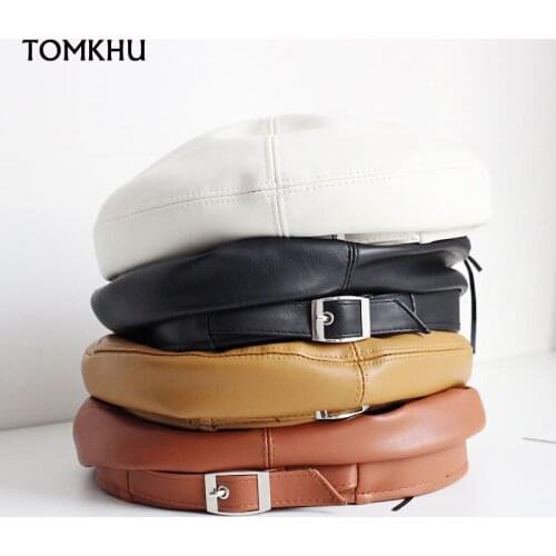 New Autumn Winter Elegant Vintage Leather Buckle Quality PU Leather Beret For Women Fashion Easy Match Flat Top Boina Female Hat