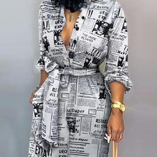 Office lady fashion newspaper print lace-up jumpsuits full sleeve autumn rompers high waist wide leg pants temperament overall